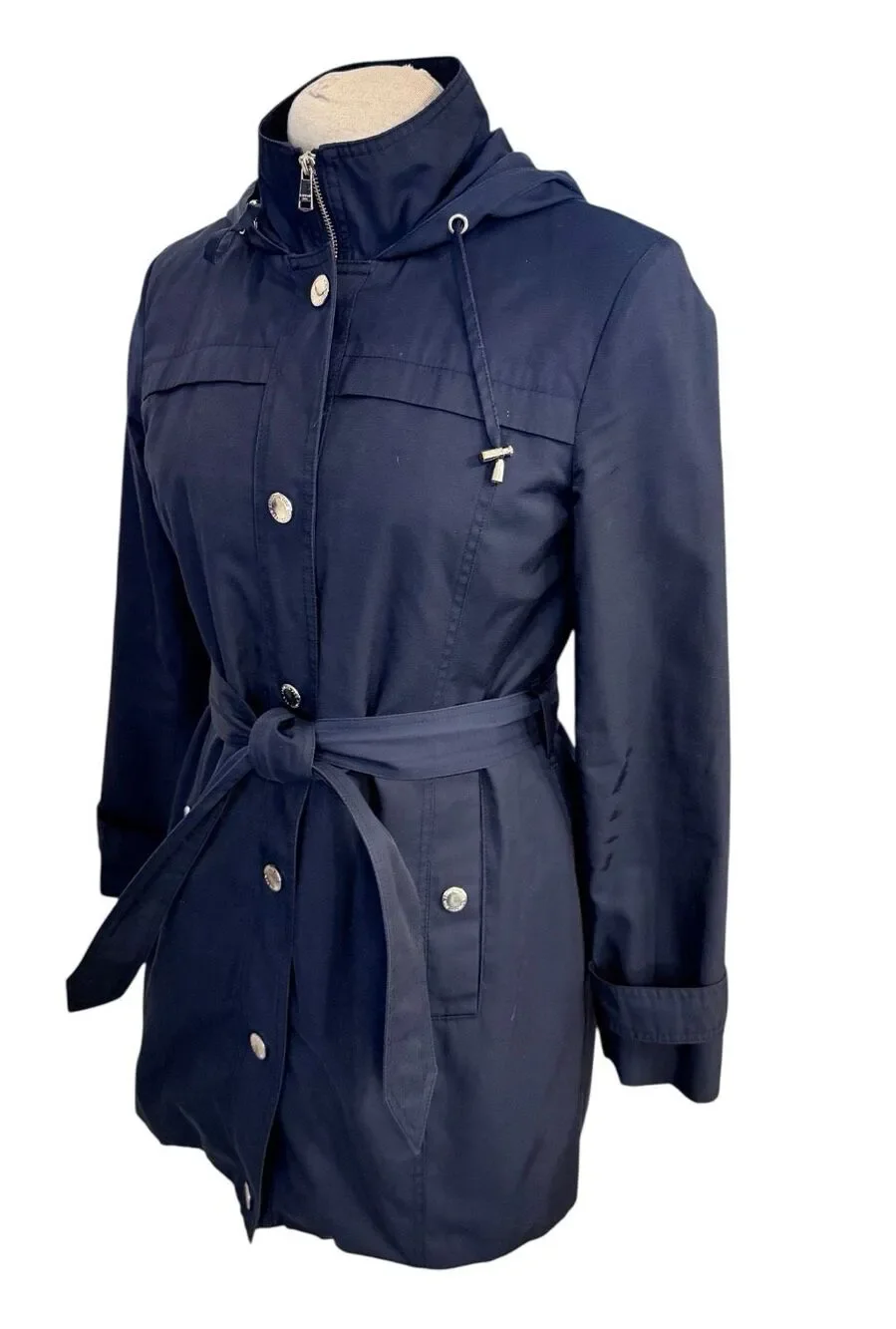 London Fog Hooded Belted Zip Front Raincoat Navy Blue Sz. Small Classic